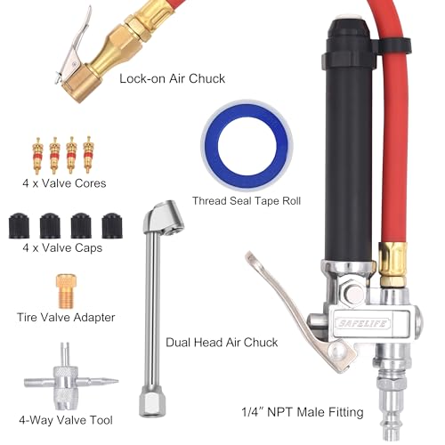 Tire Inflator 10-120 PSI Tire Pressure Gauge with 12 Inch Air Hose,Lock on Air Chuck, Heavy Duty 1/4'' NPT Tire Inflator Gauge Compatible with Air Pump Compressor for Car Truck Motorcycle Bike - size: 12" hose tire inflator gauge