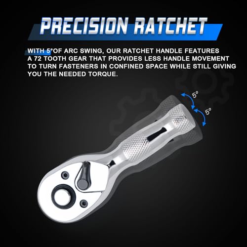 1/4 Inch Drive Stubby Ratchet Mini Ratchet Wrench,1/4 Socket Wrench, 72-Tooth Quick-Release,Reversible,Chrome Vanadium Alloy Steel for Durability - size: 1/4-inch Single, style: Stubby-Metal handle