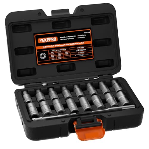 16PCS Deep Well Bolt Extractor Set, 1/4” Dr Impact Bolt & Nut Remover Set, Bolt Removal Set for Damaged, Rusted, Rounded-Off, Stripped Fasteners | Bolt & Nut Remover Set for Damaged, Rusted, Rounded-Off, Stripped Fasteners - size: 1/4'', 16pcs