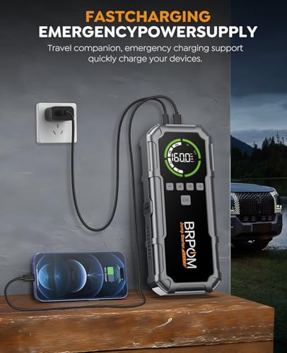 Jump Starter with Air Compressor, BRPOM 8000A Portable Car Jump Starter (All Petrol/12L Diesel), 160PSI 12V Battery Jump Starter Power Pack with Jump Clamps, LCD Screen, 600 Lumens Emergency Light