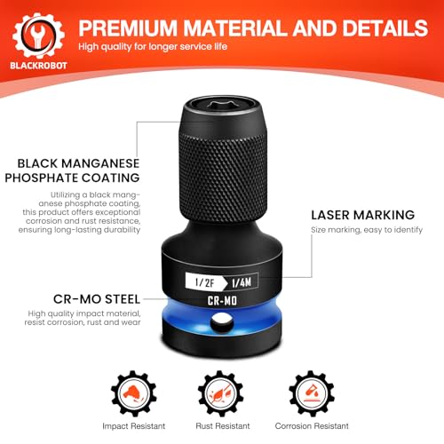 BLACKROBOT 2PCS Quick Release Impact Bit Holders 1/2-Inch Square Drive to 1/4-Inch Hex Socket Adapter, CR-MO Steel, Blue - size: 1/2 Impact Bit Holder-2