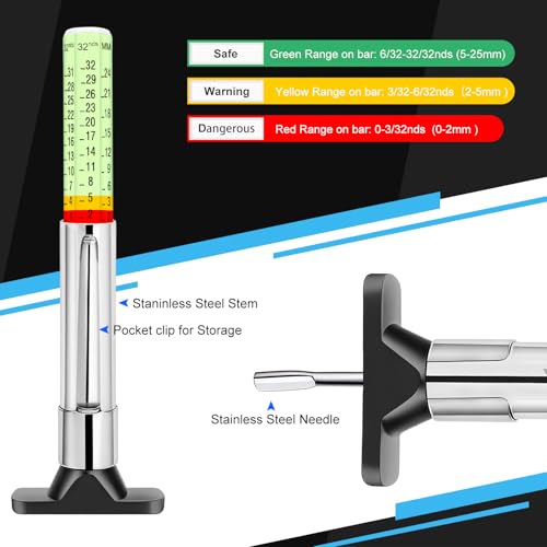 Tire Tread Depth Gauge 1/32 Inch & 25mm, 6-Sided Color Coded Tread Depth Gauge with Pocket Clip, Dual Scale for Car,Truck,Moto,Glow-in-The-Dark - size: 1PCS