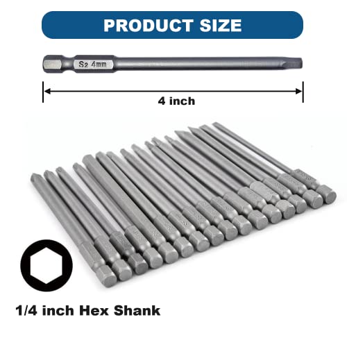VESTTIO 4-in-1 Hex Phillips Slotted Security Torx Long Screwdriver Bits Set with Magnetic 16PCS 1/4 Inch Hex Shank 4 Inch/100 mm Length S2 Steel for Power Screwdriver Drill Impact Driver | Assorted screwdriver bits, S2 alloy steel, 1/4 inch hex shank, mag