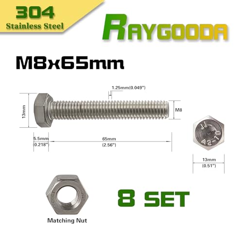 M8-1.25x65mm Hex Bolt and Nut Kit 8set, 304 Stainless Steel (A2-70), Full Thread, Bright Finish, Machine Threaded for Automotive, Machinery, DIY - size: M8x65mm(8 Sets)