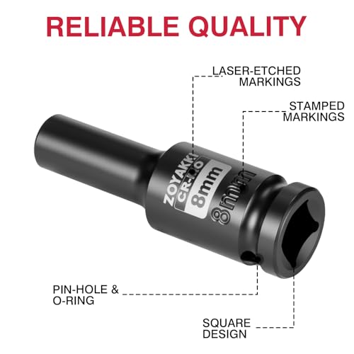 1/2" Drive 8mm Deep 6 Pt CR-MO Metric Impact Socket for Axle Nuts - size: 8mm, style: 1/2" Drive Deep