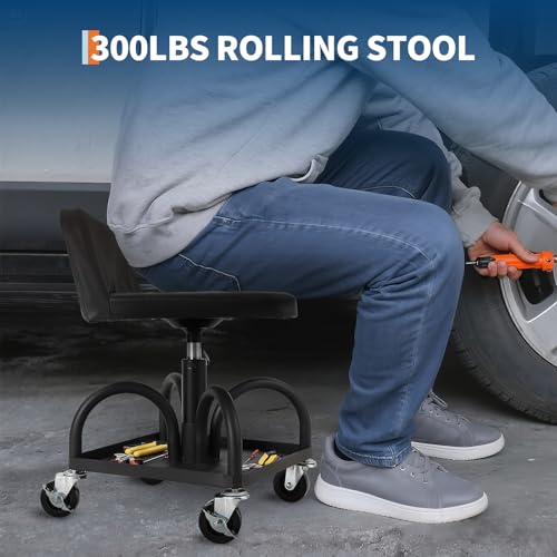 TrailBlaze Adjustable Rolling Mechanic Stool – 15.7"-25" Height, 300 lbs Capacity, Ergonomic Padded Seat, 3" Locking Swivel Wheels, Magnetic Tool Tray – Repair Stool | Load Capacity 300 lbs - color: Black, size: Advanced