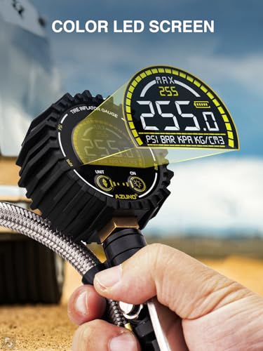 Digital Tire Inflator Gauge 255 PSI, Heavy Duty Tire Pressure Gauge with Air Chuck, Steel Braided Hose, Quick Connect Coupler & Case for Truck RV Trailer - size: 255PSI For Truck / RV