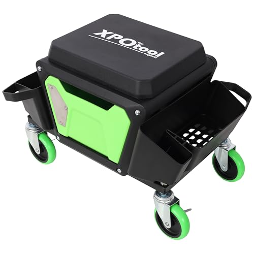 Anwick Mechanic Stool Seat Chair with Wheels, Heavy Duty Rolling Garage Stool with Soft Rubber Cushion Seating and Drawer, 330 LBS Capacity, Rolling Tool Seat for Shop, Auto Repair (Green+Black) - color: Green+black