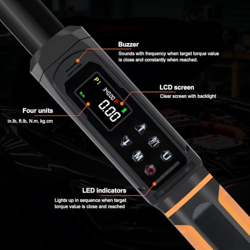Uharbour 1/2" Drive Digital Torque Wrench 3.8-250.8 Ft.lb | ±1% Accuracy Wrench with Vibration, Buzzer & LED Alert for Car & Moto - size: 1/2" Drive 3.8-250.8 ft.lbs
