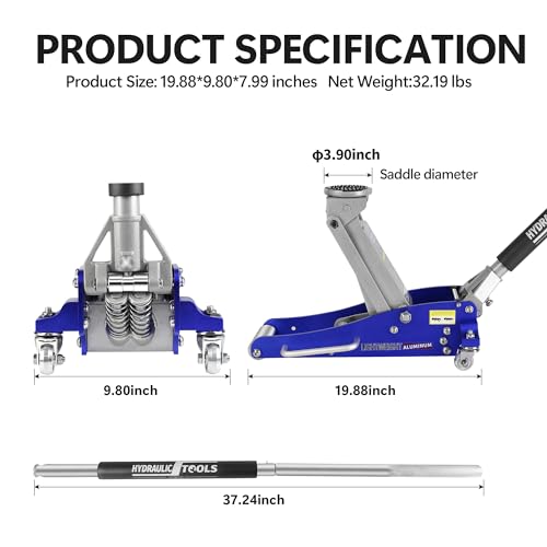 1.5 Ton Low Profile Floor Jack, Heavy Duty Aluminum & Steel Hydraulic Floorjack Racing Floor Jack with Dual Piston Quick Lift Pump, Lifting Range 3.3" to 19.8" for Home Sedans SUV Sports Cars Blue