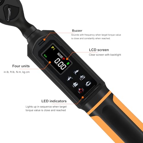 Uharbour 3/8" Drive Digital Torque Wrench 0.66-44.29 Ft.lbs/0.9-60Nm | ±1% Accuracy Electric Torque Wrench, Dual Direction Ratchet, Buzzer & LED Alert - size: 3/8" Drive 0.66-44.29 ft.lbs
