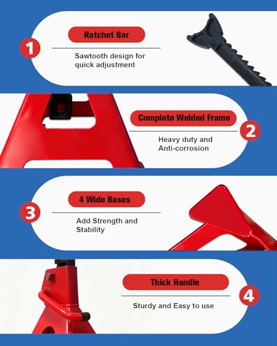 3 Ton Jack Stands (6,600 lbs) - Heavy Duty Car Jack Stand with Double Pin Locking, Adjustable 11.22"-16.54" Height, Extra Rubber Pads for Trucks, Garage, Home Use - 1 Pair Red - size: 3 Ton Double Locking