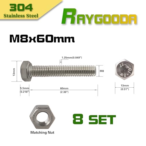 M8-1.25x60mm Hex Bolt and Nut Kit 8set, 304 Stainless Steel (A2-70), Full Thread, Bright Finish, Machine Threaded for Automotive, Machinery, DIY - size: M8x60mm(8 Sets)