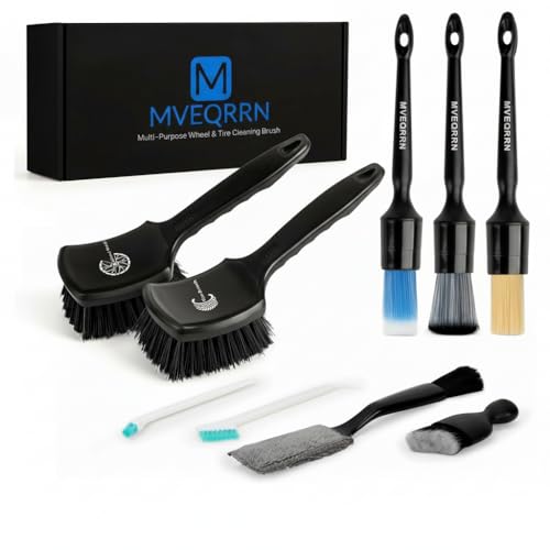 MVEQRRN 9PCS Boar Hair Car Detailing Brushes Set,Car Wheel Kit (Black) | Ultra Soft No Scratch, Car Dust Brush,Car Detailing Brushes Kit, Detail Brushes Car Detailing for Interior Exterior - color: 9pcsblack detail wheel brush set