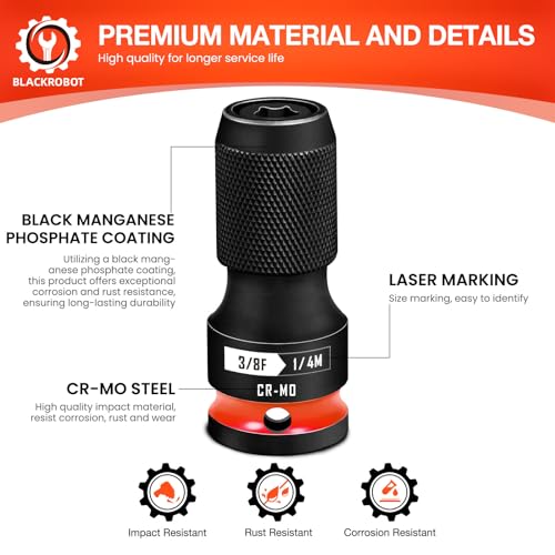 BLACKROBOT Quick Release Impact Bit Holders 3/8-Inch Square Drive to 1/4-Inch Hex Socket Adapter, CR-MO Steel, Red - size: 3/8 Impact Bit Holder-1
