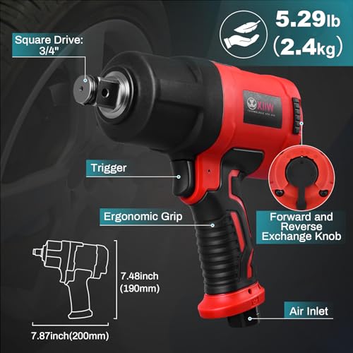 XIIW 3/4 Inch Air Impact Gun, Max Nut-busting Torque 1950 ft-lbs | Heavy Duty 7000RPM 3/4 Air Impact Wrench, Twin Hammer Pneumatic Impact Wrench for Automobile Repair - size: 3/4 inch | 1950 ft-lbs