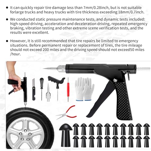Tubeless Tire Gun Puncture Repair Kit with 36 Mushroom Plugs, for Tire Punctures and Flats on Cars, ATV, Trucks, Motorcycles & Tractors,Quick Repair, Airtight Seal(Black) - size: Gun Kit+ 36 Plugs