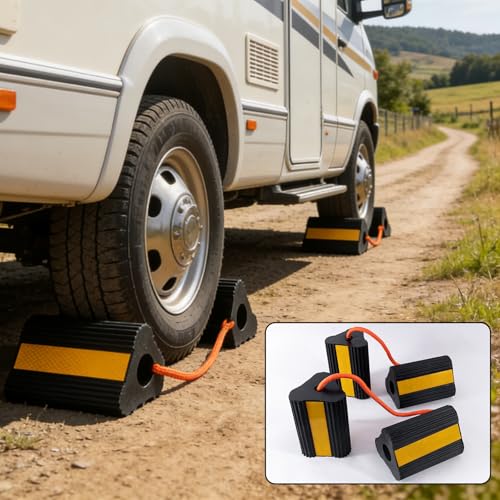 Wheel Chocks for RV Trailer Camper, Truck,Travel Trailer,Car | 2 Pair /4pack RV ,Camper Chock Blocks Rubber Wheel Chocks Heavy Duty Tire Stopper with Rope & Reflective Strips - size: 2 Pair(4 pack)