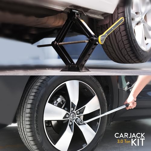 Car Jack Kit 3 Ton Scissor Jack with Lug Wrench Auto Tire Change Tool | Portable emergency kit, Cars & SUVs, Spare tire changing, LED headlamp, Tire pressure gauge, Work gloves - size: Car Jack Kit 3 Ton + Lug Wrench
