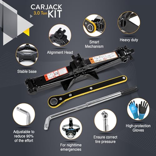 Car Jack Kit 3 Ton Scissor Jack with Lug Wrench Auto Tire Change Tool | Portable emergency kit, Cars & SUVs, Spare tire changing, LED headlamp, Tire pressure gauge, Work gloves - size: Car Jack Kit 3 Ton + Lug Wrench