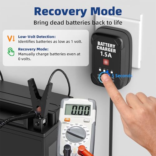 1.5A 6V/12V Car Battery Charger – Automatic Trickle Charger, Battery Maintainer & Desulfator with Overcharge Protection & Temperature Compensation – For Lead Acid, AGM, Gel, Lithium(LiFePO4) Batteries - size: 1.5A