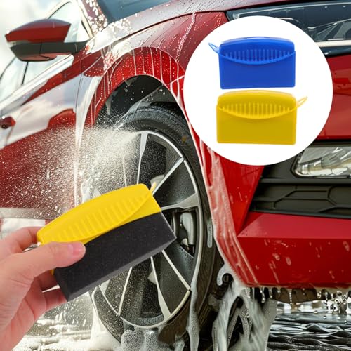 SECFOU 2pcs Car Cleaning Brush Set with Tire Shine Wax Applicator Pads, Soft Detailing Sponge Brushes with Lid for Wheels, Tires, Dashboard, and Interior Auto Care