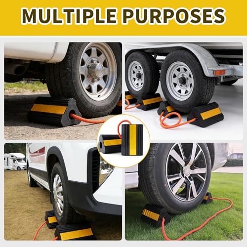 Wheel Chocks for RV Trailer Camper, Truck,Travel Trailer,Car | 2 Pair /4pack RV ,Camper Chock Blocks Rubber Wheel Chocks Heavy Duty Tire Stopper with Rope & Reflective Strips - size: 2 Pair(4 pack)