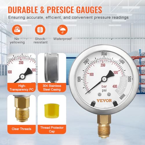 Hydraulic Pressure Test Kit, 250/400/600bar, 3 Gauges 6 Test Couplings 3 Test Hoses, Excavator Hydraulic Test Gauge Set with Portable Carrying Case for Excavator Tractors Construction Machinery | Excavator Hydraulic Test Gauge Set with Portable Carrying C