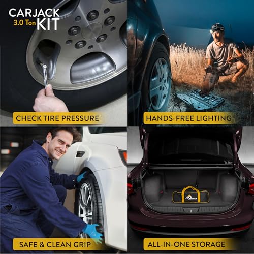 Car Jack Kit 3 Ton Scissor Jack with Lug Wrench Auto Tire Change Tool | Portable emergency kit, Cars & SUVs, Spare tire changing, LED headlamp, Tire pressure gauge, Work gloves - size: Car Jack Kit 3 Ton + Lug Wrench