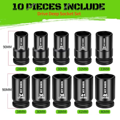 10 Pieces 1-Inch Drive Deep Impact Socket Set, 24mm, 27mm, 30mm, 32mm, 33mm, 34mm, 36mm, 38mm, 41mm,46mm CR-MO, Metric, 6-Point, Heavy Duty Wheel Impact Socket Set - color: 10pcs 1" Metric 27mm-41mm