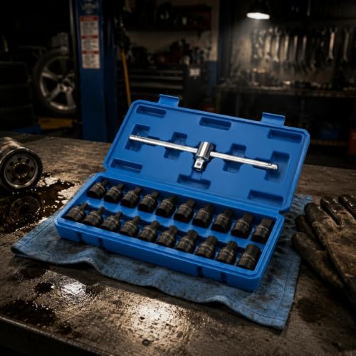 Qianly 21 Pieces Oil Drain Plug Socket Wrench Kit Molded Compartments Oil Drain Plug Socket Kit Hard Case for Mechanics, Garage