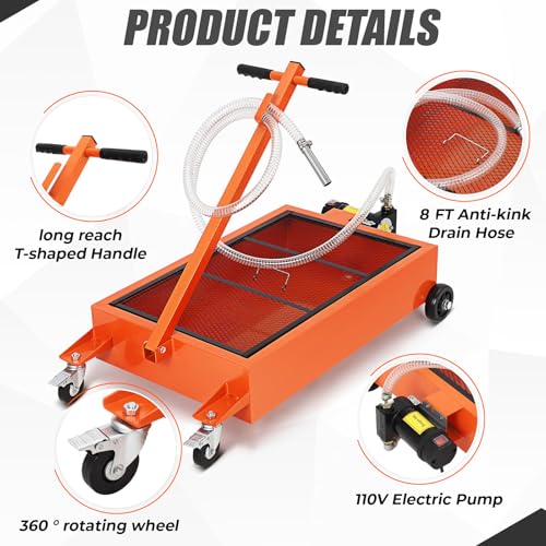 17 Gallon Electric Oil Drain Pan,Low Profile Oil Drain Pan with 110V Pump,64L Oil Change Pan with 8.2ft Hose & Folding Handle, Rolling Oil Drain Cart for Car, SUV, Trucks Oil Draining - size: 17 Gallon, style: Electric