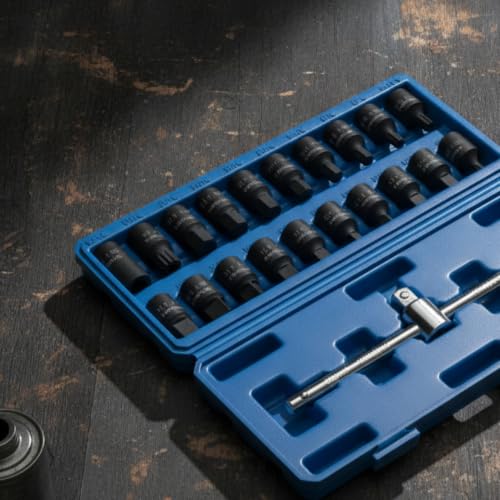 Qianly 21 Pieces Oil Drain Plug Socket Wrench Kit Molded Compartments Oil Drain Plug Socket Kit Hard Case for Mechanics, Garage