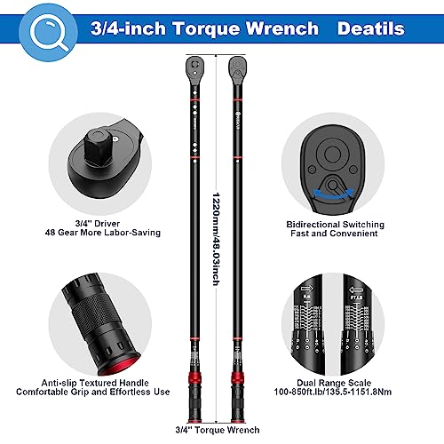 SUERCUP 3/4-inch Drive Click Torque Wrench, 100-850ft.lb/135.5-1151.8Nm | ±3% Accuracy, Heavy Duty Torque Wrench, Professional, Dual Direction Adjustable, 48-Tooth, for Truck & Tractor Maintenance - size: 3/4" 100-850Ft.Lb/135.5-1151.8N.m