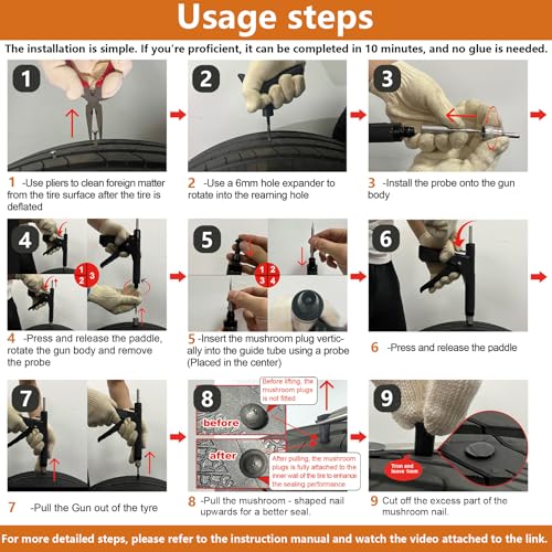 Tubeless Tire Gun Puncture Repair Kit with 36 Mushroom Plugs, for Tire Punctures and Flats on Cars, ATV, Trucks, Motorcycles & Tractors,Quick Repair, Airtight Seal(Black) - size: Gun Kit+ 36 Plugs