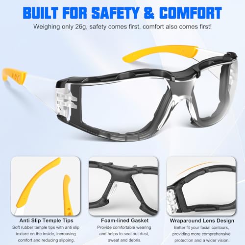 OXG Safety Glasses for Men, ANSI Z87.1 Anti-Fog Impact Resistant Protective Eyewear, Foam Gasket, UV Protection - color: 3-clear-yellow