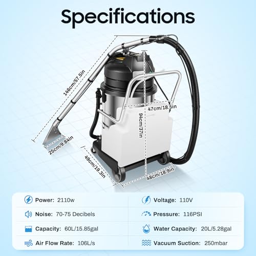 60L/15.85Gal Commercial Carpet Cleaner Machine, 2110W 110V Heavy Duty Extractor Vacuum Washing Machine Portable Carpet Sofa Curtain Cleaner Vacuum Cleane for Car Detailing, Hard Floor (Two Packages)