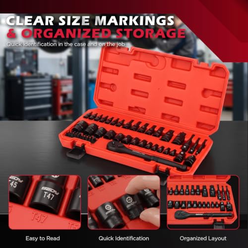 54-Piece Master Torx Bit Socket Set, T8-T70 Star Bits and E4-E24 E-Torx Sockets, Ratchet Wrench, 1/4" Bit Holder, S2 Steel Bits, CR-V Sockets, Extension Bars and Adapters for Auto Repair - style: 54-Piece Master Torx Socket Set(New Version)