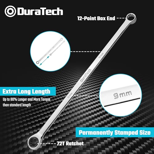 DURATECH 9mm Extra Long Ratcheting Wrench, Metric, CR-V Steel - size: 9mm