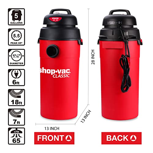 Shop-Vac 5 Gal 5.5 HP Wet/Dry Vacuum, Wall Mount, 9522236 | 25ft Long Reach (18ft Hose+7ft), 14 Attachments & Accessories, Compact & Portable, Ideal for Garage, Car, Workshop & Jobsite - size: 5 gallon