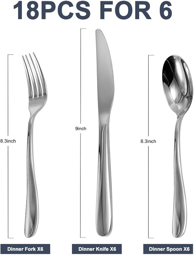 Stainless Steel 18PCS Dinner Set combo with 6 Dinner Knives, 6 Dinner Forks, 6 Dinner Spoons,Silverware Set for Home, Kitchen and Restaurant, Mirror Polished& Dishwasher Safe