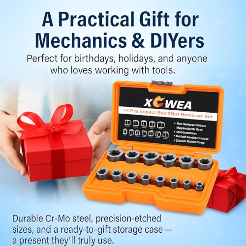 XEWEA 14PCS 3/8" Drive Impact Bolt Nut Extractor Set | Professional Stripped Bolt Remover Socket Set, Easy out Tools For Removing Damaged Broken Rounded Off Bolt & Nut, Cr-Mo Steel - size: 14PCS