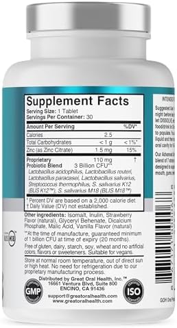 Oral Probiotics for Mouth Bad Breath Treatment for Kids Dental Care & Cavity Prevention with BLIS K12 M18 β Dr Formulated Dental Probiotics for Teeth and Gums, 30 Chewable Tablets Strawberry Vanilla