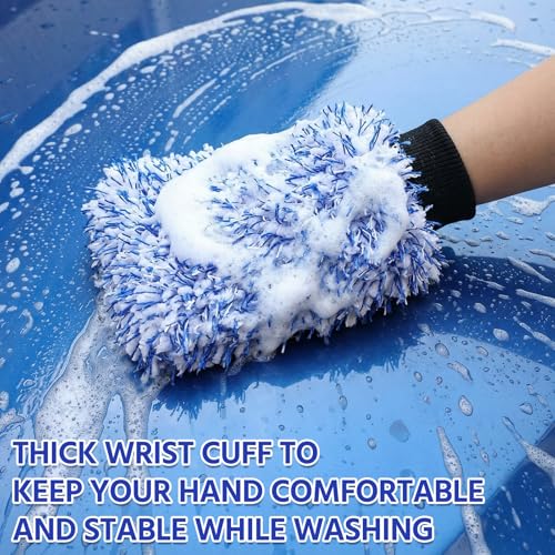 4 Pack Microfiber Car Wash Mitts Set 10x7 Inch Soft Suede Lining Car Wash Gloves, Highly Absorbent Scratch-free Cleaning Cloths for Auto Detailing, Safe with All Soaps, Bucket (Blue & Black) - color: Blue & Black