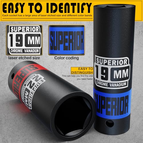 14 Piece 1/2" Drive Impact Socket Set, 8 mm - 24 mm Deep Socket, Metric Socket Set With Adapter & Quick-Release Holder, 6 Point, CR-V, Automotive Maintenance, Machinery Manufacturing - size: 1/2" Deep Metric