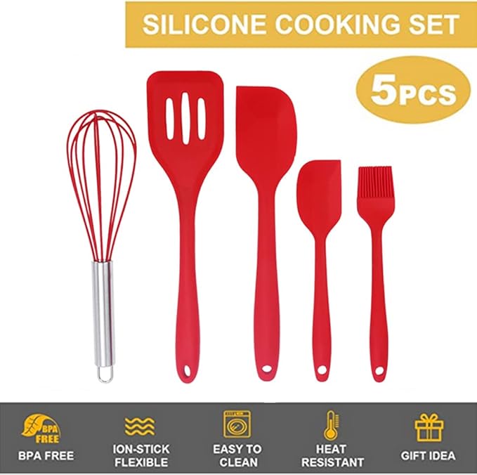 NatureMan 5 Pieces Non-Stick Food Silicone Kitchenware Utensils- Kids Cooking Sets - for Cooking Baking Mixing, Stirring-Ergonomic Dishwasher Safe(Red)