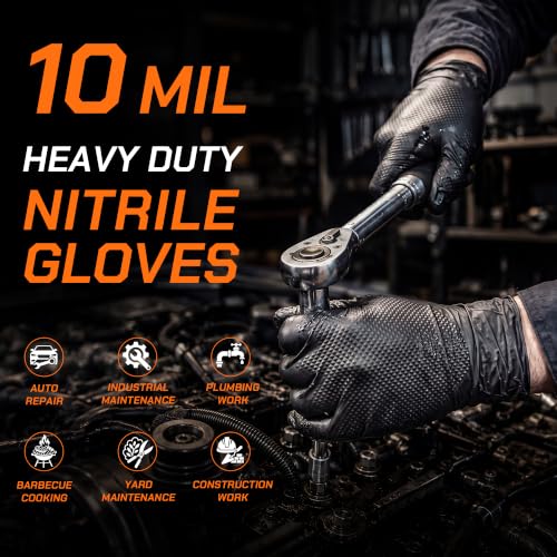 10 Mil HEAVY DUTY Nitrile Gloves Latex Free Rubber Disposable Gloves with Diamond Textured Mechanic BBQ Cooking Gloves - size: Large
