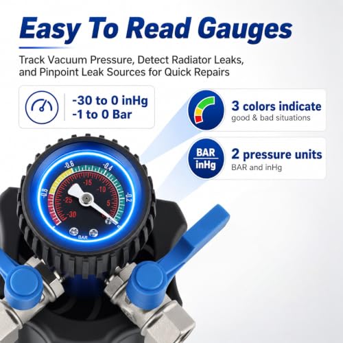 Mhot Cooling System Vacuum Refill Kit, Fast Air Purge Coolant Filling Kit of 15 Pack,Universal Radiator Coolant Vacuum Fill Tool with Dual-Movement Pressure Gauge,Vacuum Leak Tester & Conical Adapter - color: GRAY