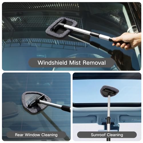 Qydipclin 11pcs Windshield Cleaner Tool, Car Window Cleaning Wash Kit with 6 Reusable Microfiber Pads 2 Spray Bottles and Extendable Handles Auto Glass Wiper Kit, Gray - color: Gray