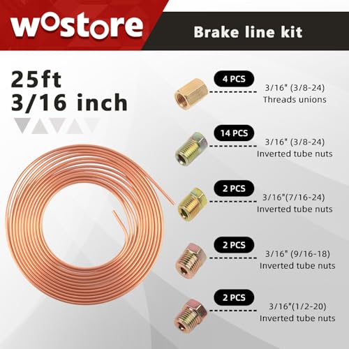 Wostore 25FT Brake Line Kit & Flaring Tool, 24 Brass Fittings, 3/16-5/8" | Double & Single & Bubble flares flaring tool. 25FT 3/16" copper line. Cutter and reamer included. 7 sizes up to 5/8" - size: Flaring tool with 3/16" brake line